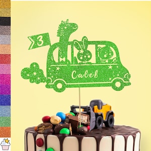 Cakeshop Personalised Animal Party Bus Birthday Glitter Cake Topper with Sprinkles | Custom Colour Any Name & Age Animal Bus Cake Decoration