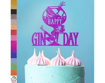 Happy Gin Day Fun Birthday / Hen Do Glitter Cake Topper | Choose From 14 Custom Colours | Cute & Funny Dancing Woman Gin Cake Decoration