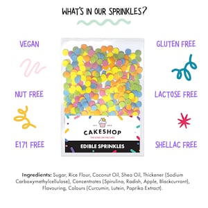 May include: A bag of colorful edible sprinkles with a label that says "Cakeshop, The Icing on the Cake, Edible Sprinkles". The bag is surrounded by icons indicating that the sprinkles are vegan, nut-free, gluten-free, lactose-free, E171 free, and shellac free.