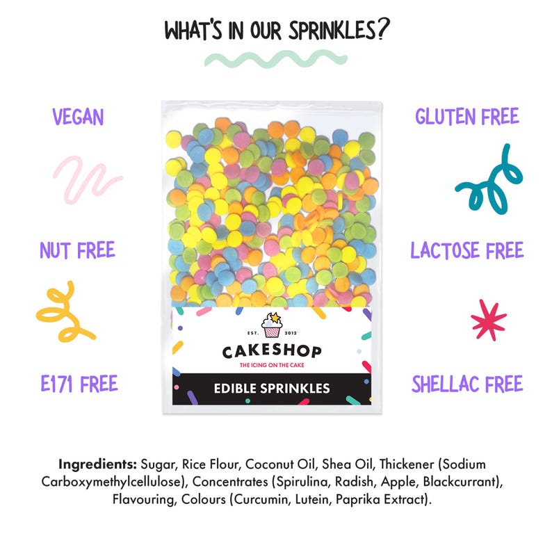 May include: A bag of colorful edible sprinkles with a label that says "Cakeshop, The Icing on the Cake, Edible Sprinkles". The bag is surrounded by icons indicating that the sprinkles are vegan, nut-free, gluten-free, lactose-free, E171 free, and shellac free.