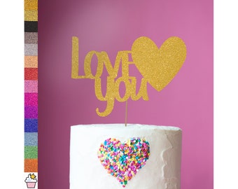 Love You Heart Valentine's Wedding Glitter Cake Topper Decoration By Cakeshop | Double sided Glitter Card Choice of 14 Beautiful Colours