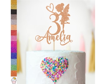 Topper de pastel de brillo de cumpleaños personalizado por Cakeshop / Color personalizado cualquier nombre y decoración de pastel de hadas de cualquier edad / linda fiesta de princesa de hadas