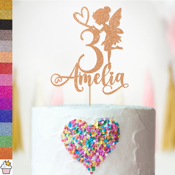 Personalised Birthday Glitter Cake Topper by Cakeshop | Custom Colour Any Name & Any Age Fairy Cake Decoration | Cute Fairy Princess Party