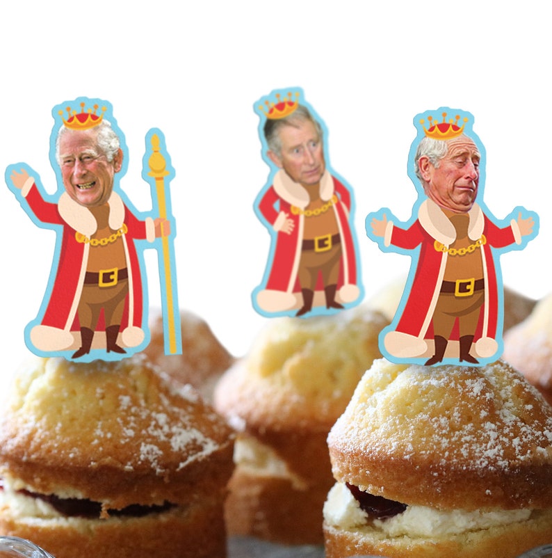 3 POR 2 24 x PRECORTADO Cara divertida del rey Carlos Coronación Decoración comestible para pasteles o cupcakes por Cakeshop / Papel de oblea premium imagen 2
