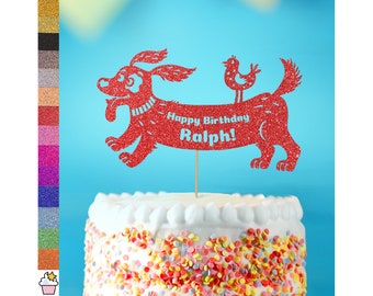 Cumpleaños personalizado Glitter Cake Topper by Cakeshop / Custom Colour Any Name Salchicha Dog Cake Decoración Esponjoso Lindo Cachorro Mascota