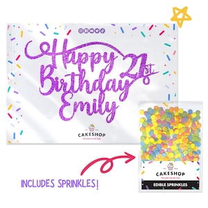 May include: Purple glitter Happy 21st Birthday Emily banner with colorful sprinkles on a white background. Includes edible sprinkles.