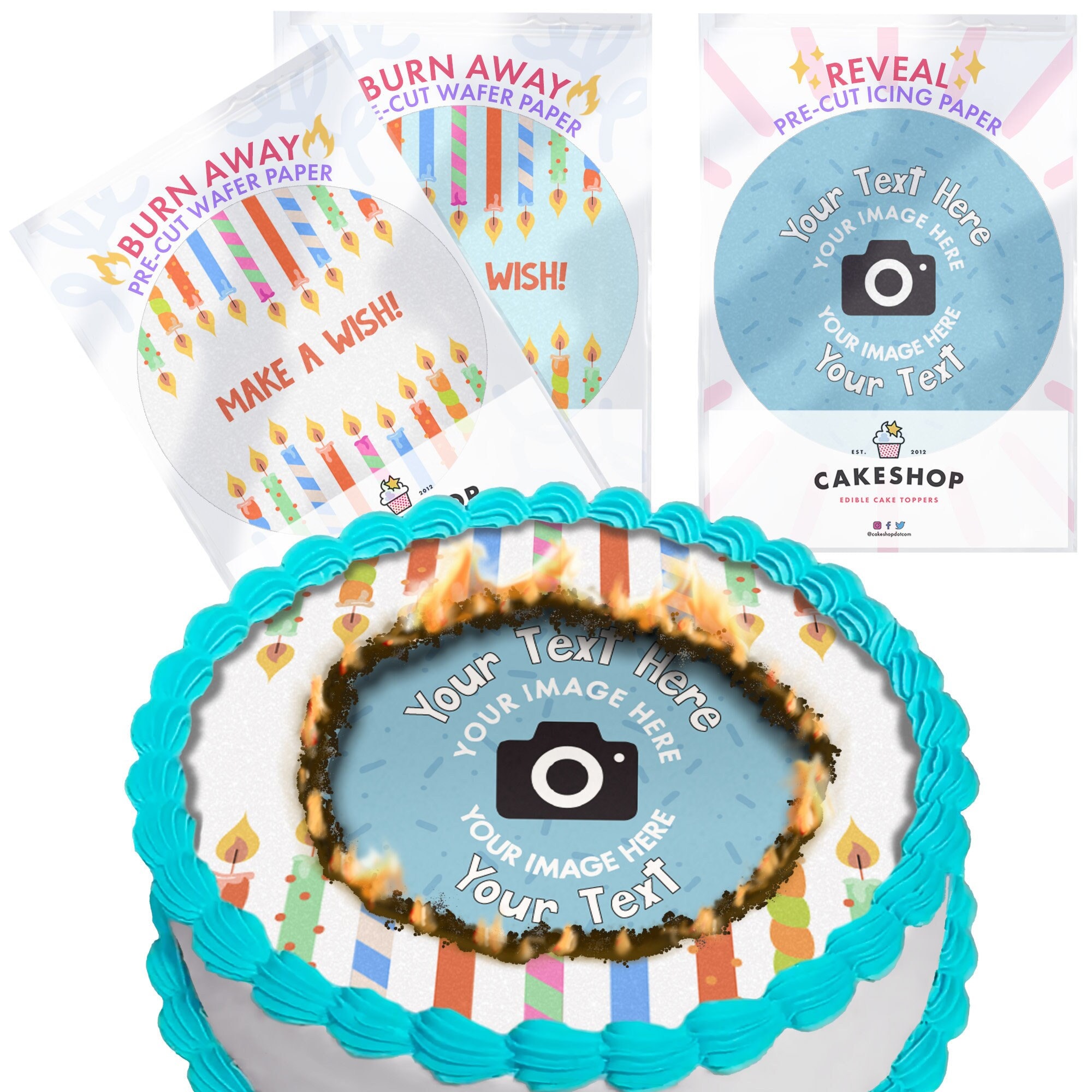 Cakeshop Birthday Candles  Edible Burn Away Cake Topper Pack | 1 x Icing sheet & 1 x Wafer Sheet | Custom Image + Text | Choose Shape + Size