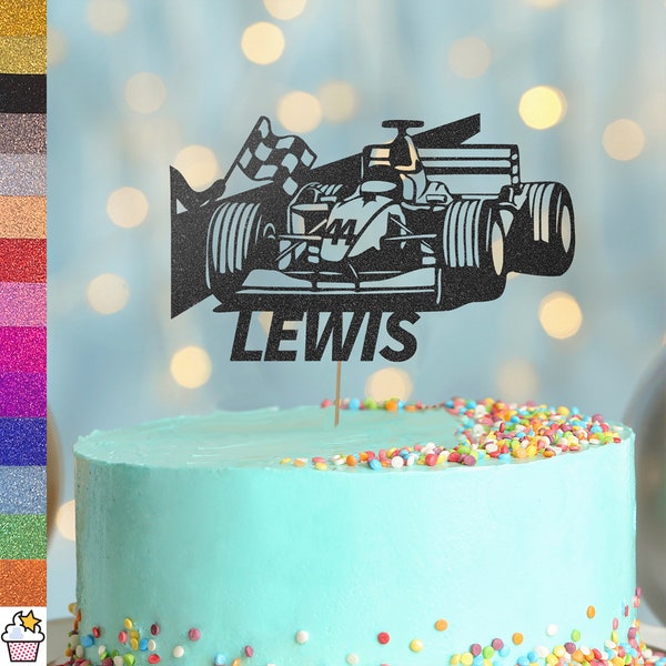Gepersonaliseerde F1 Racing Car Glitter Cake Topper van Cakeshop | Aangepaste kleur, elke leeftijd & naam | Automobile Race Sport Party Decoratie