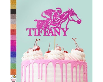 Personalised Horse and Jockey Racing Birthday Glitter Cake Topper by Cakeshop | Custom Colour & Any Name | Horse Riding Party Decoration