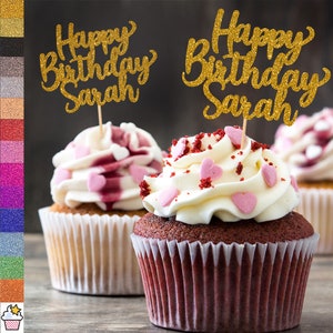 6x Toppers cupcake glitterati per il buon compleanno personalizzati, a doppia faccia, fatti a mano di Cakeshop / Custom Colour Any Name Cupcake Decorations