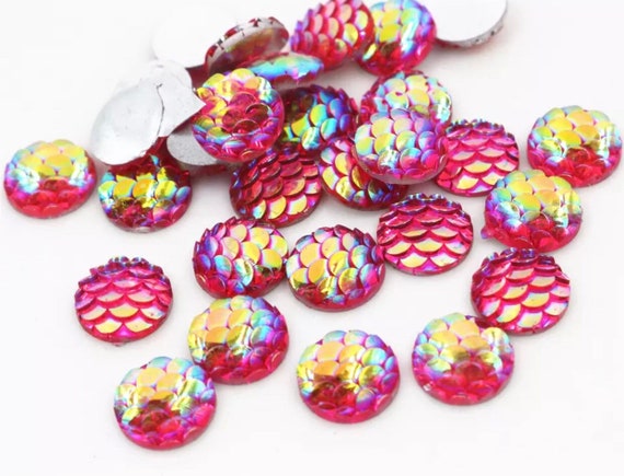 50pcs 12mm Heart Mermaid Fishscale Flatback Resin Cabochons DIY Craft Pink