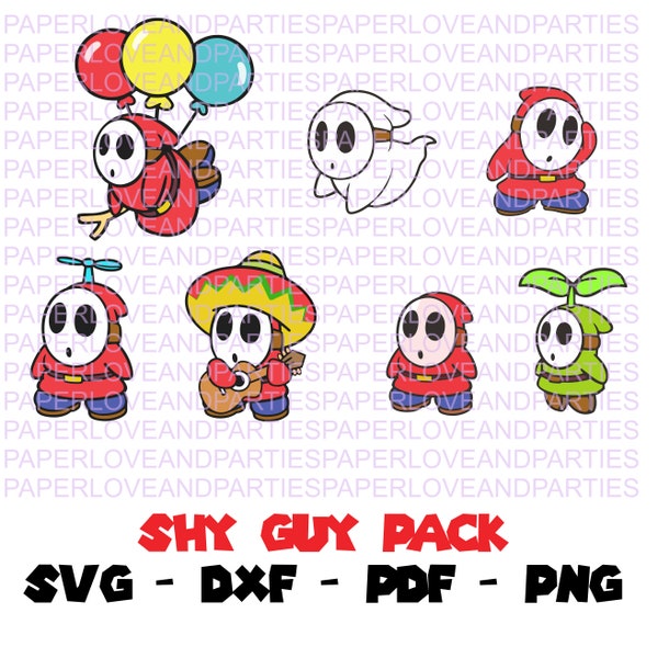 Shy Guy Characters  Set - EPS, Pdf, SVG, DXF, Png. Cut File. Silhouette Cricut file. Shy Guy, Fly Guy, Sombrero Guy, Leaf Shy Guy  clipart.