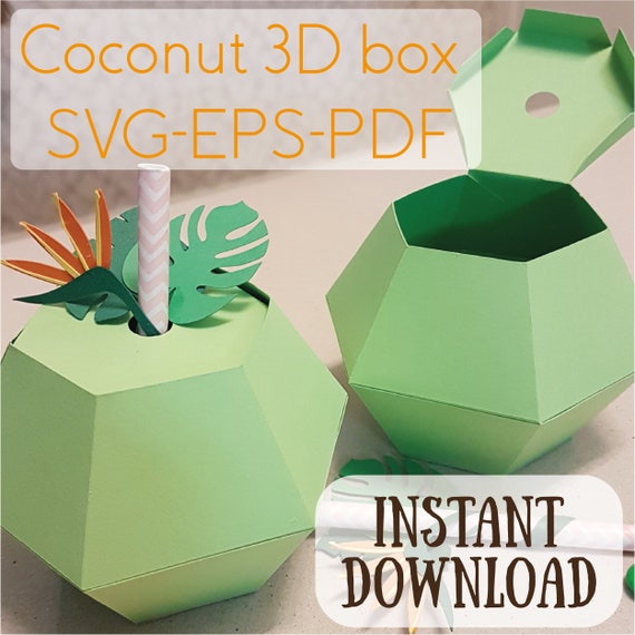 Coconut 3D Box with Tropical Leaves and Flower for treats! Tropical Party Theme - SVG - EPS - PDF - Cut File - Flamingo Theme Il_570xn