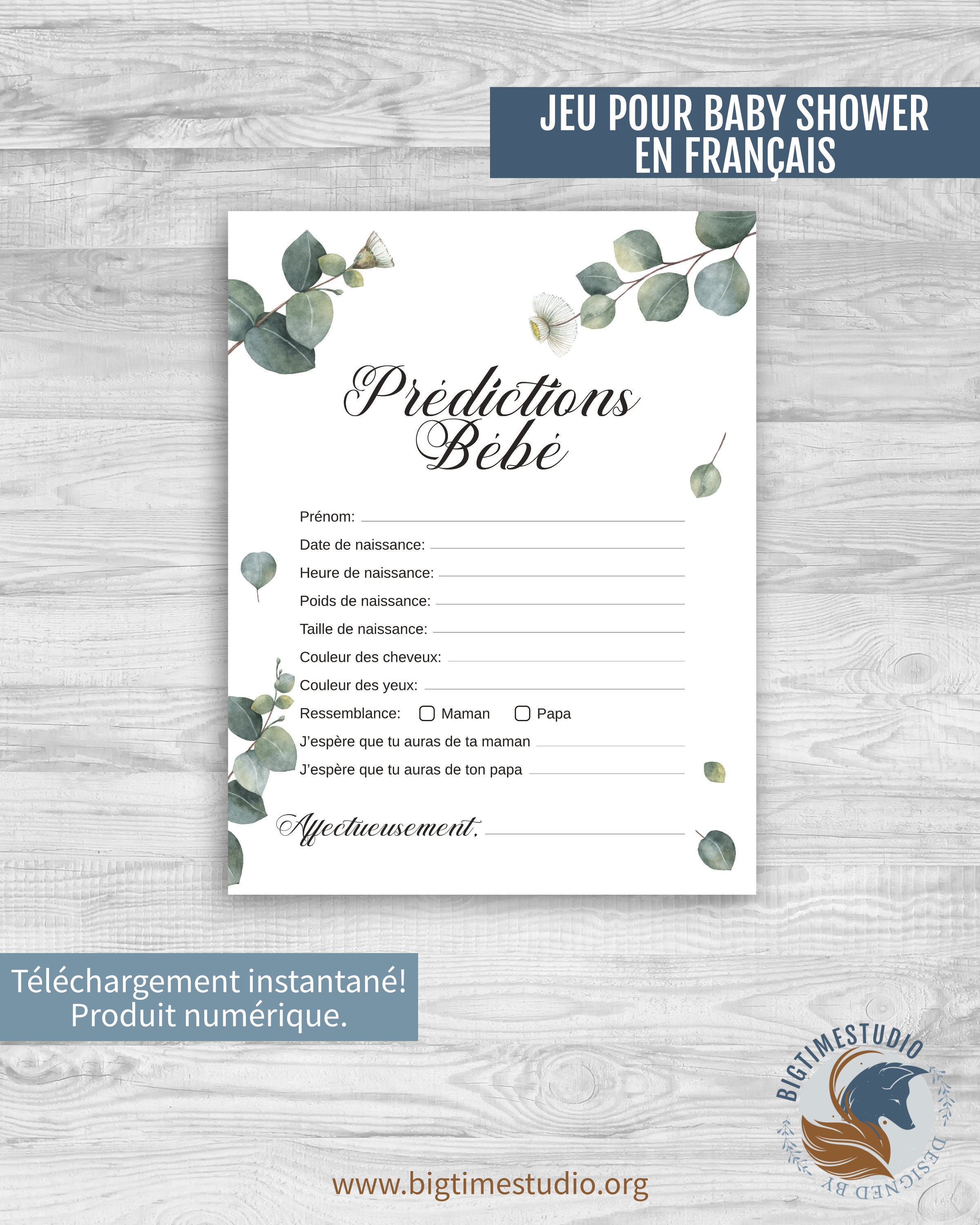 Greenery Baby Predictions Game Card In French Printable Etsy