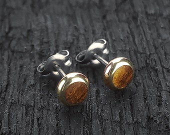 Small Ako Wood Stud Earrings with 5mm Brass Bezel and Stainless Steel Post