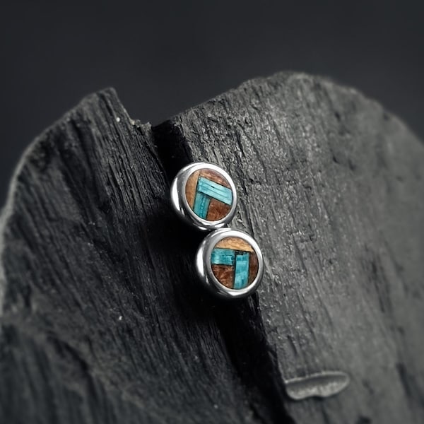 Handmade Koto & Fumed Etimoe Wood Stud Earrings – Unique Chevron Design