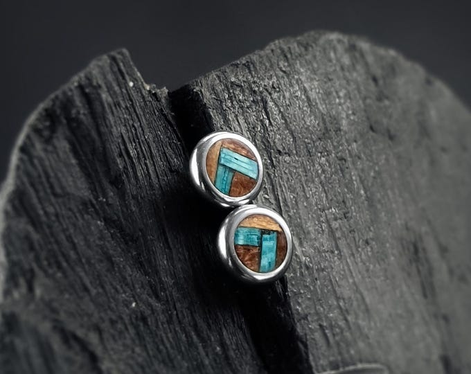 Handmade Koto & Fumed Etimoe Wood Stud Earrings – Unique Chevron Design