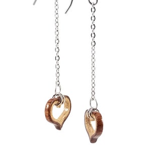 Wooden Heart Dangle Earrings - Unique Earrings - Bubinga, Maple