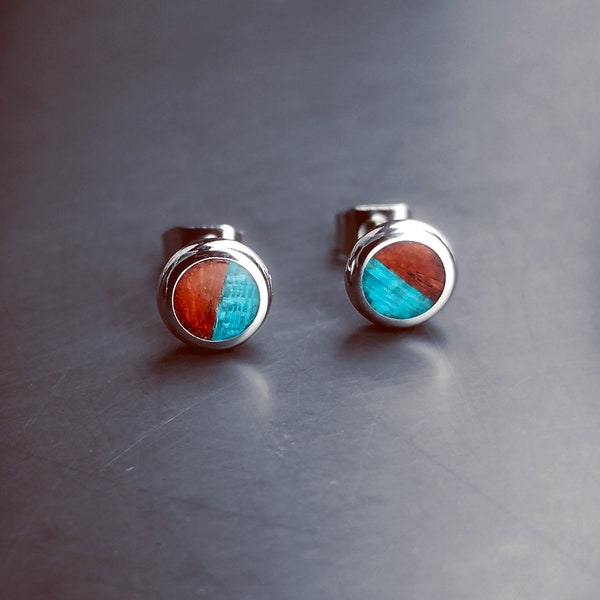 Handmade Two Tone Wood Stud Earrings in Turquoise Koto & Padauk with Stainless Steel Post