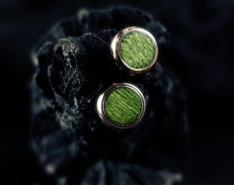 Green Koto Wood Stud Earrings with Heat-Colored Hypoallergenic Stainless Steel