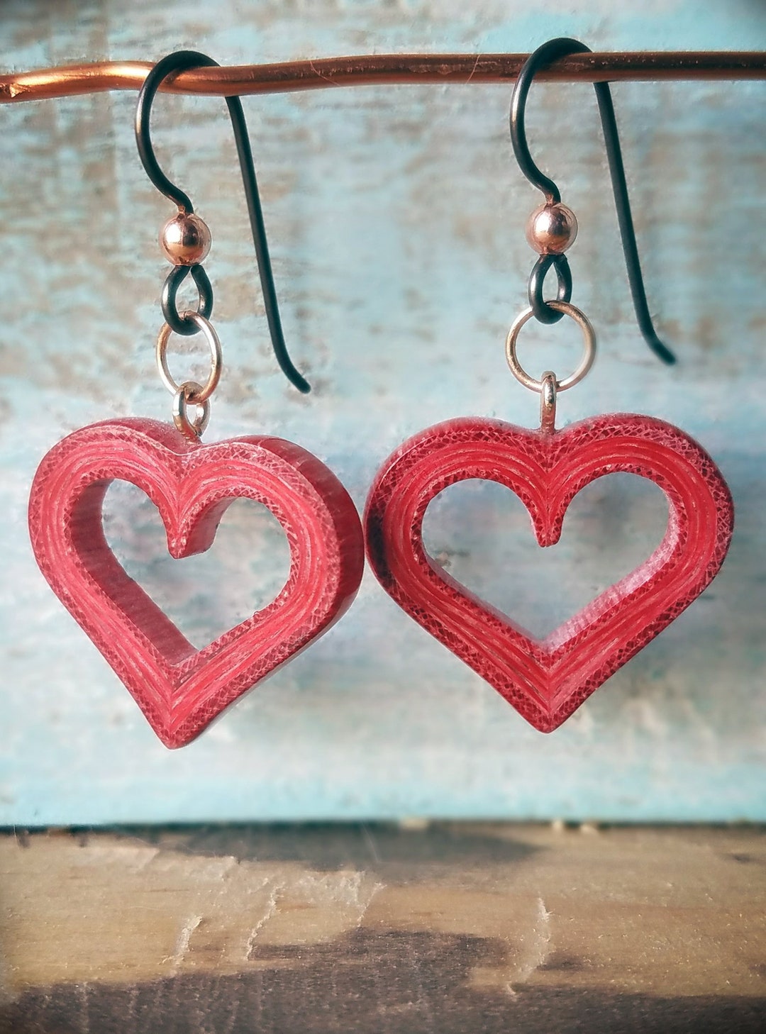 Wooden Heart Earrings, Unique Earrings, Hypoallergenic Hooks, Bronze