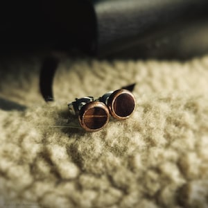 May include: A pair of stud earrings with a circular design. The earrings feature a dark brown center surrounded by a copper-colored metal. The earrings are set against a textured, off-white background.