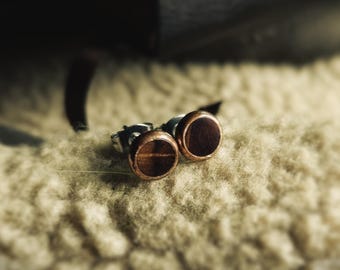 Burnt Oak Wood Stud Earrings: Fire Kissed Copper & Brass