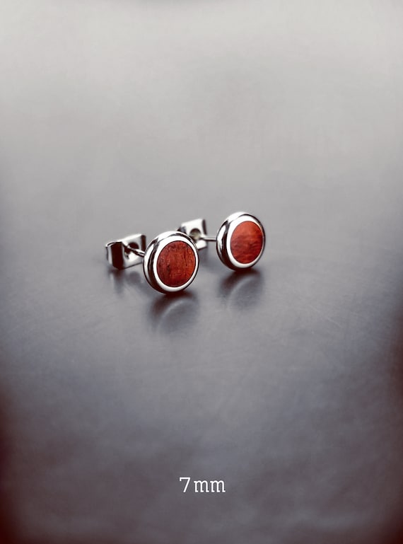Natural Red Orange Wood Stud Earrings, Minimalist Earrings with Stainless Steel Posts