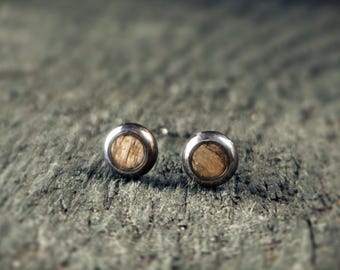 Handmade Butternut Wood Stud Earrings: Heat-Colored Stainless Steel, 5mm