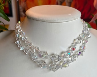 Stunning 50s vintage Glass Faceted Crystal Bicone Beaded Aurora Borealis Necklace