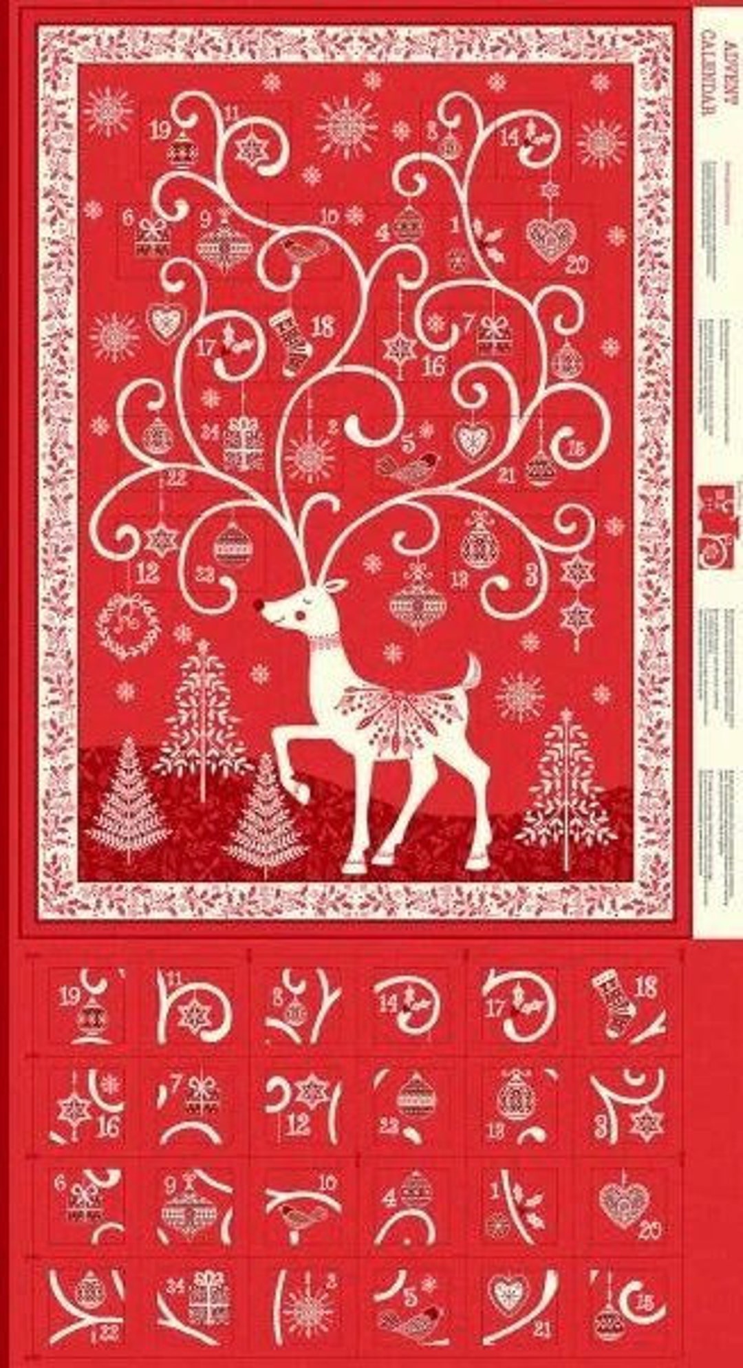 Scandi Reindeer Advent Calendar Panel in Red by Makower 100 Cotton