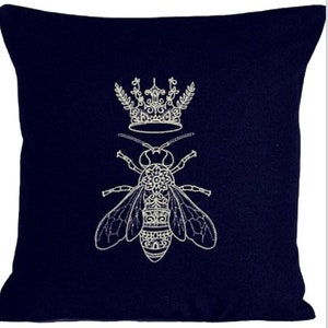 Silver, Queen, Bee, Embroidered, Cushion Cover, NAVY, 12”, 14”, 16”, 18”, Gift Idea