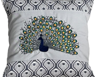Peacock, Embroidered, Cushion Cover