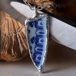 Blue and white broken china pendant necklace Japanese geometric design. Antique, vintage, upcycled transformed soldered