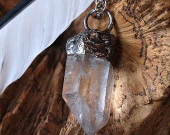 Raw natural clear quartz point necklace pendant. Soldered handmade crystal for scrying, healing, psychic enhancement.