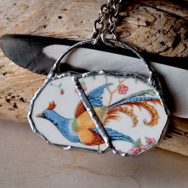Broken china necklace blue and orange bird chinoiserie Asian style floral pendant Soldered handmade vintage antique upcycled kintsugi style