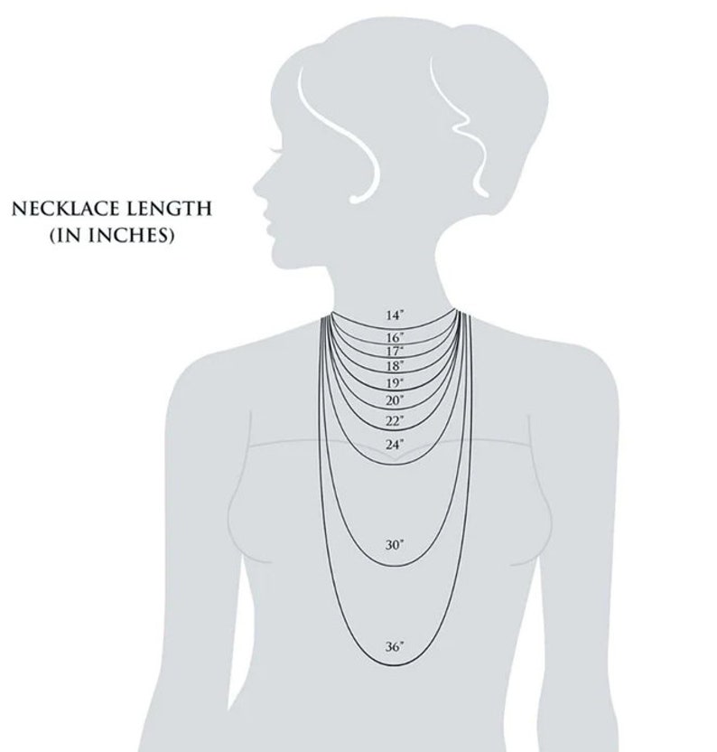 Puede incluir: Ilustraci&oacute;n que muestra longitudes de collares en pulgadas, que van desde 14" hasta 36", mostradas en una silueta de una persona. El texto "NECKLACE LENGTH (IN INCHES)" est&aacute; en la parte superior izquierda.