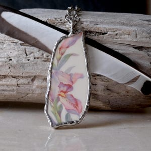 Broken china pendant pastel Iris flower floral pink, purple, green. Antique plate upcycled handmade soldered necklace.