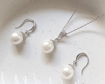 Zircon Pearl jewelry set, Pearl earrings, Pearl necklace, Gift for her, Bridesmaid gift, Wedding earrings, Wedding necklace, Gift for mom