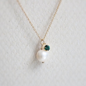 Freshwater Pearl and Emerald necklace, Genuine pearl, Green stone, Red stone, Blue stone, Birthstone, Bridesmaid, Wedding, Flower girl gift