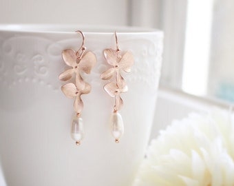 Orchid Flower Earrings, Freshwater pearl earrings, Drop earrings, Bridal jewelry, Bridesmaid gift, Gift for her, Gift for mom, For women
