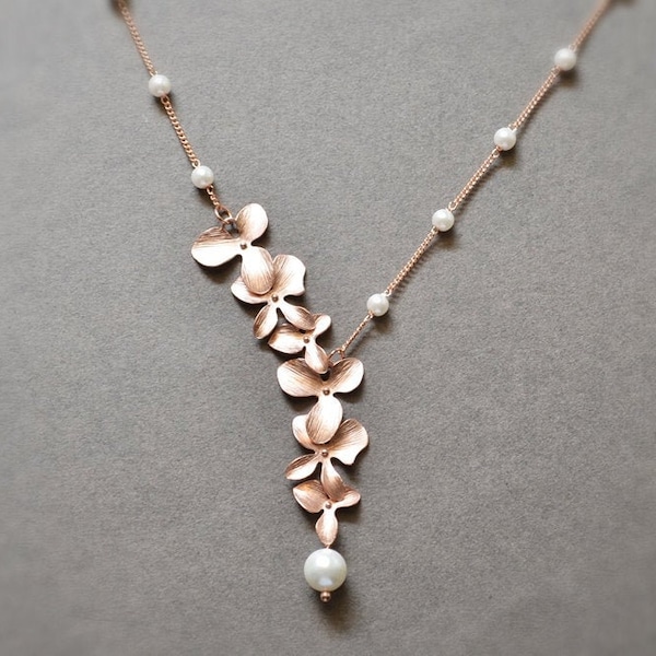 Orchid Flower and Pearl necklace, Rose gold necklace, Birthstone, Bridesmaid necklace, Wedding necklace, Bridesmaid gift