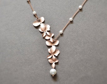 Dainty orchid flower necklace, Beaded pearl necklace, Bridal necklace, Rose gold flower necklace, Bridesmaid gift, Gift for her, Wedding