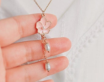 Cherry Blossom Necklace and Earrings Set: Gold Plated Pearl Jewelry