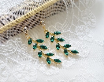 Emerald Green Leaf earrings, Sterling silver studs, Green stone earrings, Bridesmaid gift, Wedding earrings, Gift for her, Drop earrings