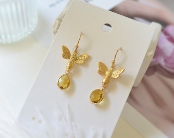 Pendientes de abeja de piedra de nacimiento, pendientes de abeja, pendientes de boda, pendientes de dama de honor, regalo para ella, regalo para mamá, joyería de boda, abeja de miel