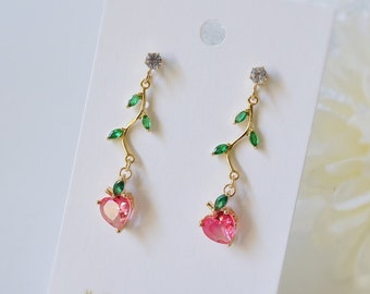 Peach Zircon Earrings: Sterling Silver Posts, Gold Plated Dangle Earrings