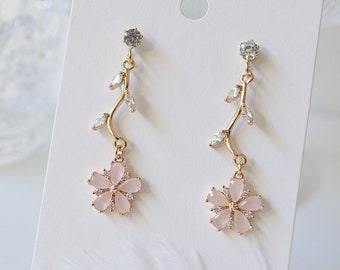 Sparkling Cherry blossom earrings, Sterling silver posts, Pink flower earrings, Wedding earrings, Bridesmaid earrings, Gift for her, Sakura