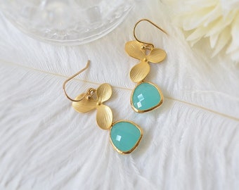 Orchid Flower and Mint Blue stone earrings, Mint earrings, Bridesmaid earrings, Bridesmaid gift, Wedding earrings, Gift for women, For her