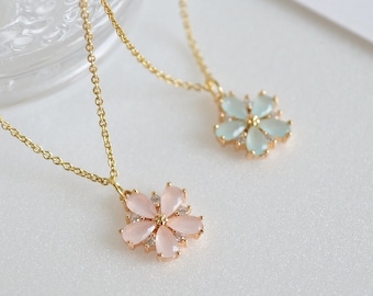 Personalized Cherry Blossom Necklace, Flower girl gift, Bridesmaid gift, Bridal jewelry set, Pink flower necklace, Blue flower necklace